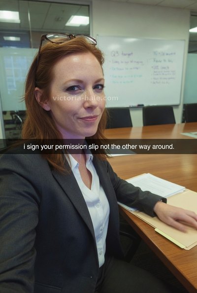 FLR Caption #012: redhead lawyer selfie snap - Victoria Hale
