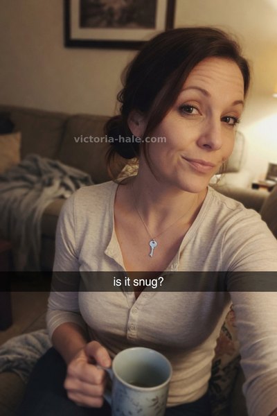 Keyholder Caption #025: brunette couch tea selfie snap - Victoria Hale