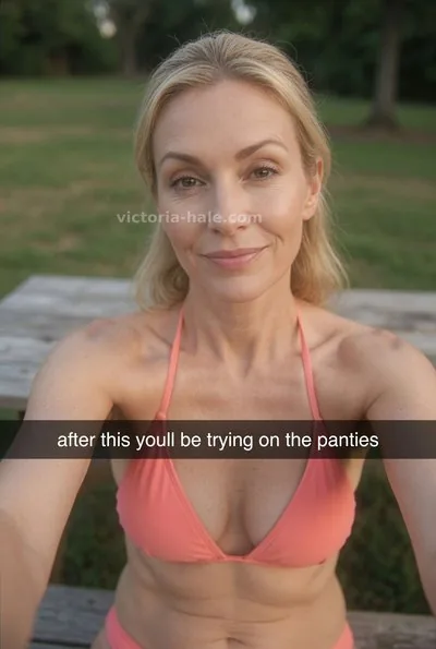 Sissy Caption #076: blonde bikini picnic selfie snap - Victoria Hale